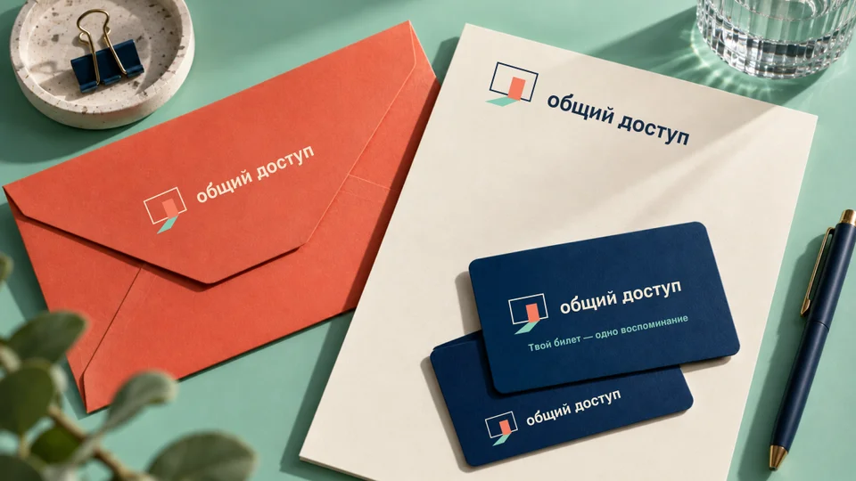 Клубные карточки и коралловый конверт с логотипом Общего доступа